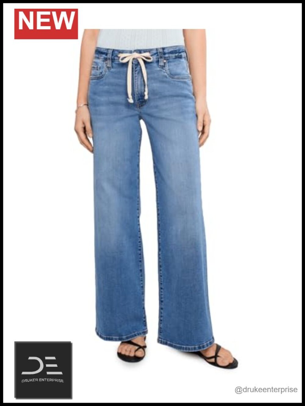 High Rise Wide Leg Jeans with Drawstring Cotton Blend